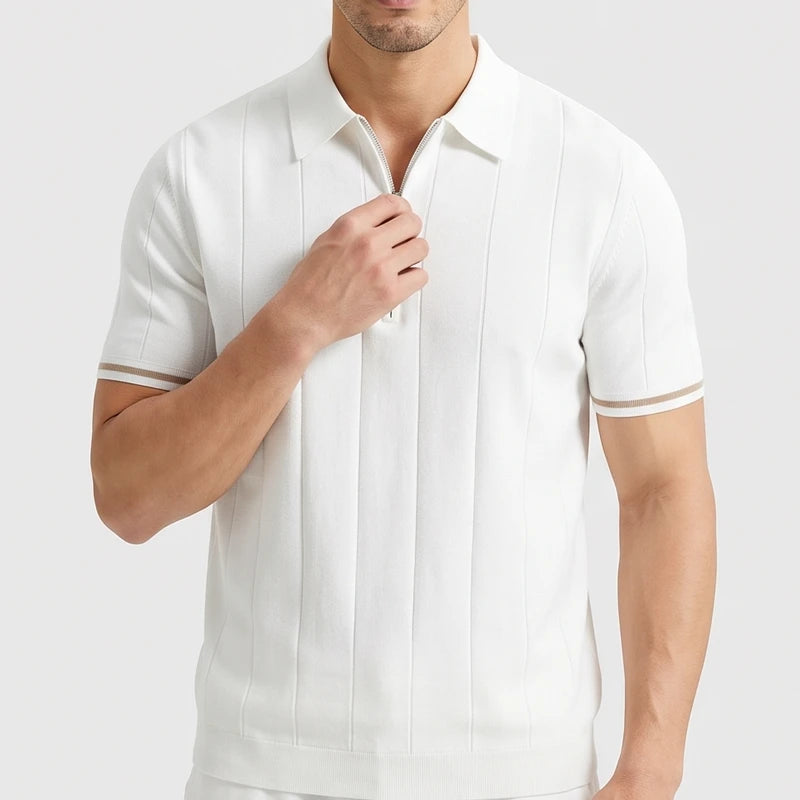 White knitted polo on an off-gray studio background - 3