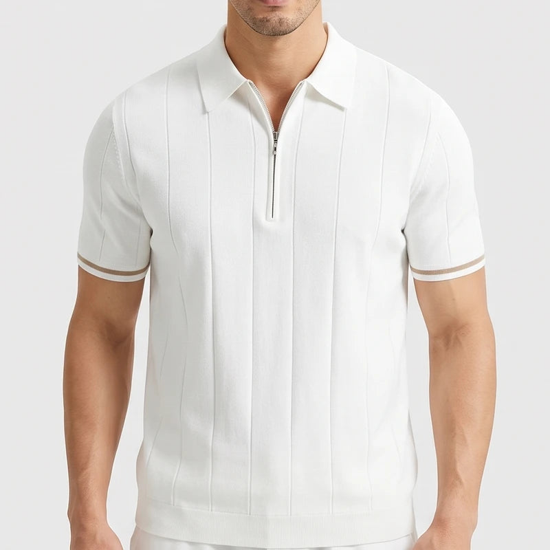 White knitted polo on an off-gray studio background - 4