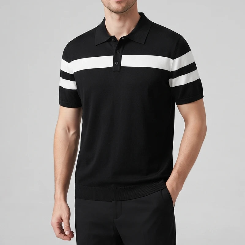 Black silk polo on an off-gray studio background