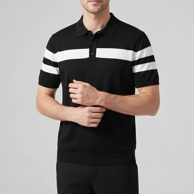 Black silk polo on an off-gray studio background - 2