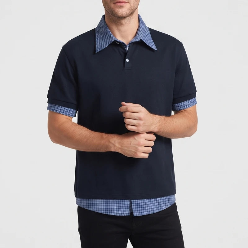 Blue polo on an off-gray studio background - 2