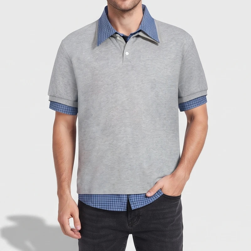 Model wearing Gray polo outdoors